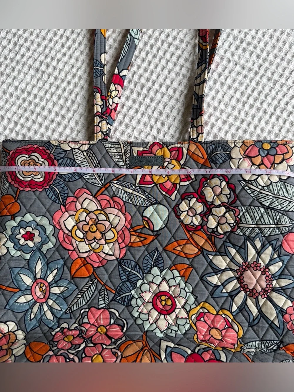 Vera Bradley Quilted Floral Tote in Gray with Pink, Orange and Blue Accents